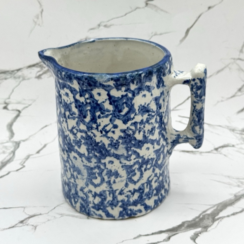 Blue White Spongeware Ceramic Pitcher Vintage Cottage Core Farmhouse Kitchen